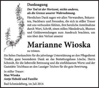 Traueranzeige von Marianne Wioska von WVG - Wochenspiegel Wittenberg