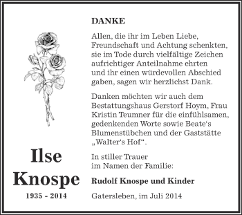 Traueranzeige von Ilse Knospe von Super Sonntag Aschersleben