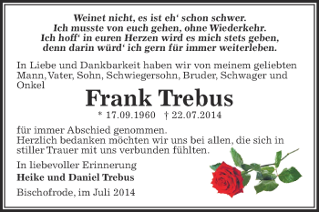 Traueranzeige von Frank Trebus von Wochenspiegel Mansfelder Land