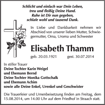 Traueranzeige von Elisabeth Thamm von WVG - Wochenspiegel Wittenberg
