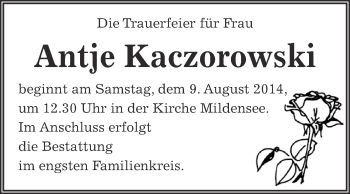 Traueranzeige von Antje Kaczorowski von WVG - Wochenspiegel Dessau / Köthen