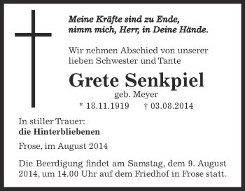 Traueranzeige von Grete Senkpiel von WVG - Wochenspiegel Aschersleben