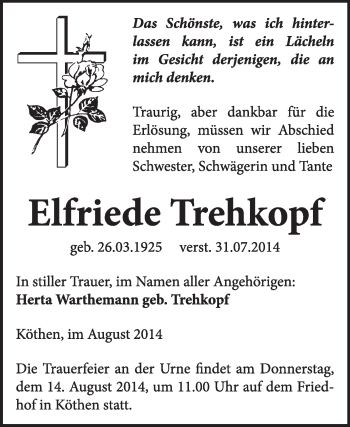 Traueranzeige von Elfriede Trehkof von Super Sonntag Dessau / Köthen