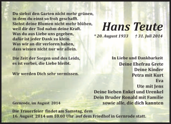 Traueranzeige von Hans Teute von WVG - Wochenspiegel Quedlinburg