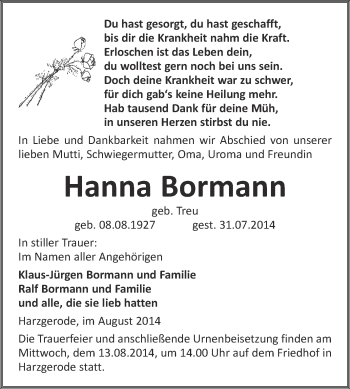 Traueranzeige von Hanna Bormann von Super Sonntag Quedlinburg