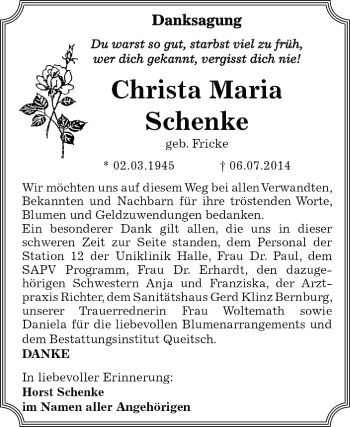 Traueranzeige von Christa Maria Schenke von WVG - Wochenspiegel Dessau / Köthen