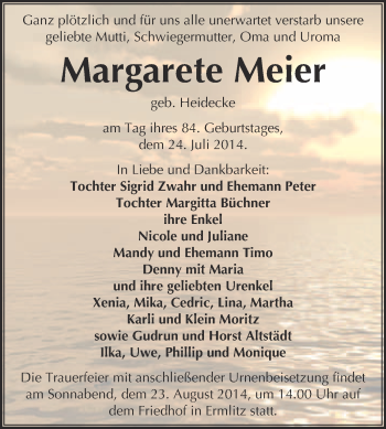 Traueranzeige von Margarete Meier von WVG - Wochenspiegel Quedlinburg