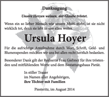 Traueranzeige von Ursula Hoyer von Super Sonntag Wittenberg
