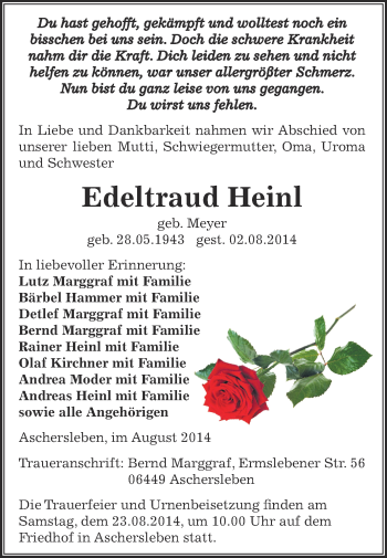 Traueranzeige von Edeltraud Heinl von WVG - Wochenspiegel Aschersleben