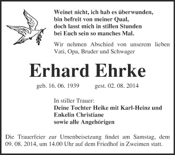 Traueranzeige von Erhard Ehrke von Super Sonntag Merseburg