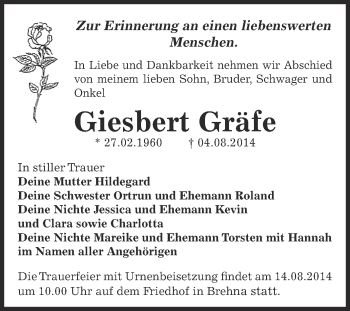 Traueranzeige von Giesbert Gräfe von WVG - Wochenspiegel Bitterfeld