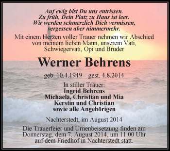 Traueranzeige von Werner Behrens von WVG - Wochenspiegel Aschersleben
