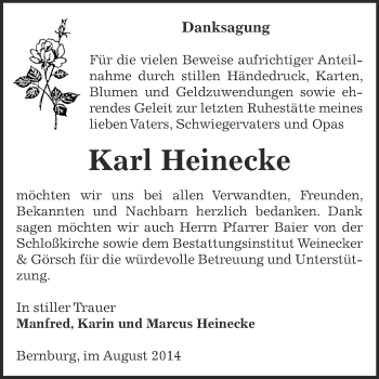 Traueranzeige von Karl Heinecke von Super Sonntag Bernburg
