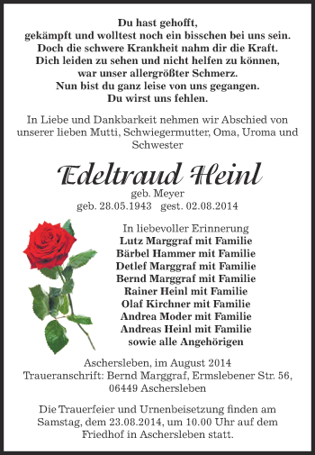 Traueranzeige von Edeltraud Heinl von Super Sonntag Aschersleben