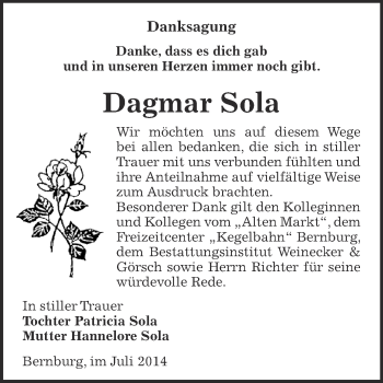 Traueranzeige von Dagmar Sola von Super Sonntag Bernburg