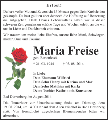 Traueranzeige von Maria Freise von Super Sonntag Merseburg