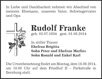 Traueranzeige von Rudolf Franke von Super Sonntag Bernburg