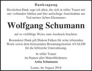 Traueranzeige von Wolfgang Schumann von WVG - Wochenspiegel Merseburg