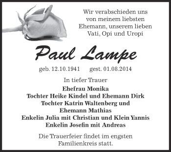 Traueranzeige von Paul Lampe von Super Sonntag Bernburg