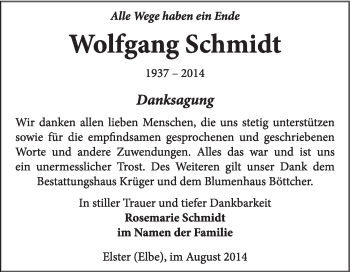Traueranzeige von Wolfgang Schmidt von WVG - Wochenspiegel Wittenberg