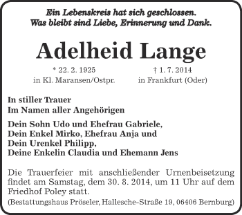 Traueranzeige von Adelheid Lange von Super Sonntag Bernburg