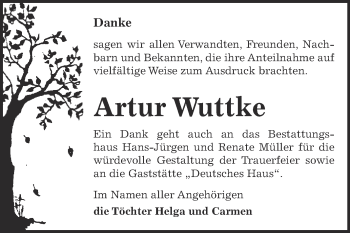 Traueranzeige von Artur Wuttke von WVG - Wochenspiegel Aschersleben
