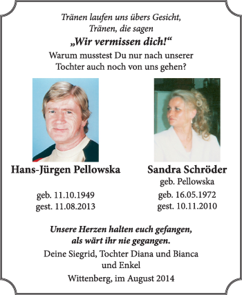 Traueranzeige von Hans-Jürgen und Sandra  von Super Sonntag Wittenberg