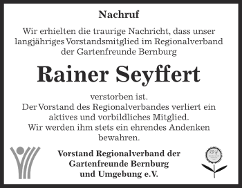 Traueranzeige von Rainer Seyffert von Super Sonntag Bernburg