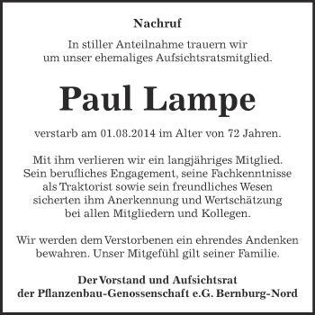 Traueranzeige von Paul Lampe von Super Sonntag Bernburg
