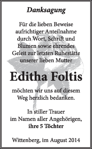Traueranzeige von Editha Foltis von Super Sonntag Wittenberg