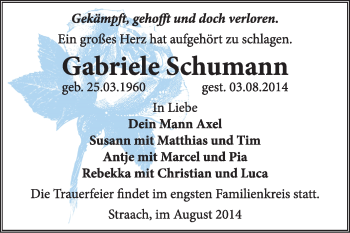 Traueranzeige von Gabriele Schumann von Super Sonntag Wittenberg