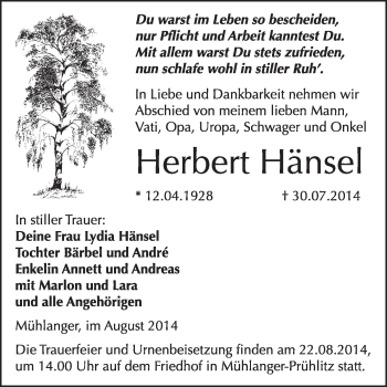 Traueranzeige von Herbert Hänsel von WVG - Wochenspiegel Wittenberg