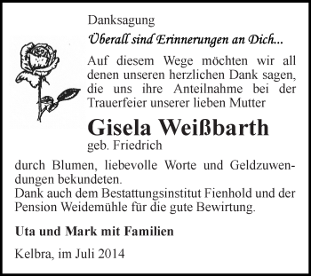 Traueranzeige von Gisela Weißbarth von Super Sonntag SGH Mansf. Land
