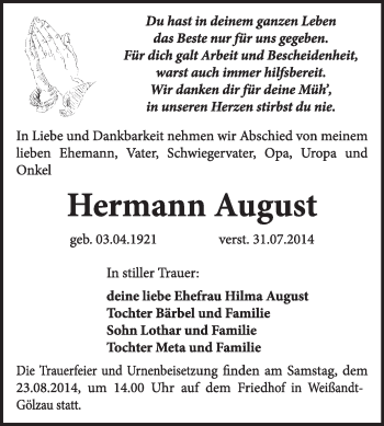 Traueranzeige von Hermann August von Super Sonntag Dessau / Köthen