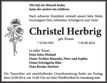 Traueranzeige von Christel Herbrig von WVG - Wochenspiegel Wittenberg