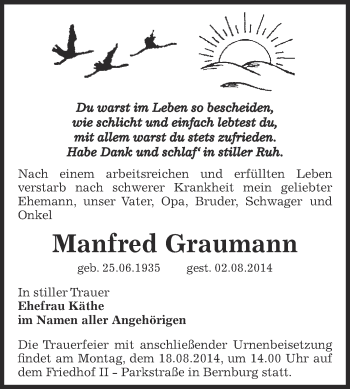 Traueranzeige von Manfred Graumann von Super Sonntag Bernburg