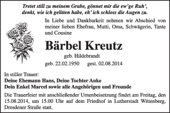 Traueranzeige von Bärbel Kreutz von Super Sonntag Wittenberg
