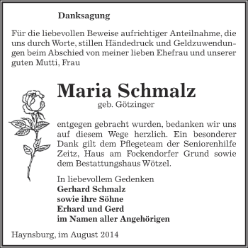 Traueranzeige von Maria Schmalz von Super Sonntag Zeitz