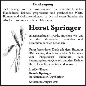 Traueranzeige von Horst Springer von Super Sonntag Dessau / Köthen