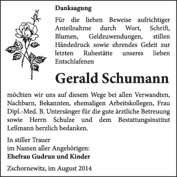 Traueranzeige von Gerald Schumann von WVG - Wochenspiegel Wittenberg