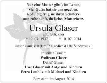 Traueranzeige von Ursula Glaser von WVG - Wochenspiegel Merseburg