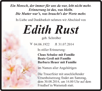 Traueranzeige von Edith Rust von Super Sonntag Quedlinburg