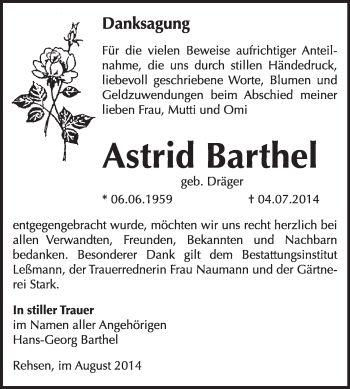 Traueranzeige von Astrid Barthel von WVG - Wochenspiegel Wittenberg