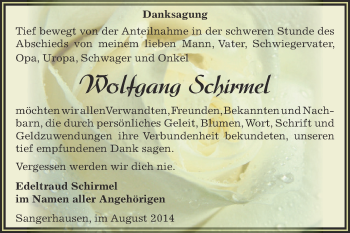 Traueranzeige von Wolfgang Schirmel von Super Sonntag SGH Mansf. Land