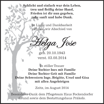 Traueranzeige von Helga Jose von Super Sonntag Zeitz