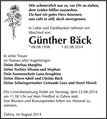 Traueranzeige von Günther Bäck von Super Sonntag Wittenberg