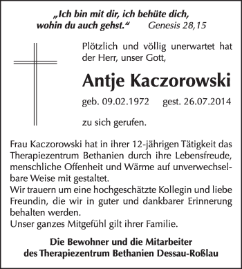 Traueranzeige von Antje Kaczorowski von Super Sonntag Dessau / Köthen