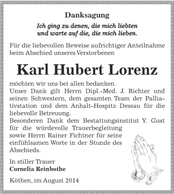 Traueranzeige von Karl Hubert Lorenz von WVG - Wochenspiegel Dessau / Köthen