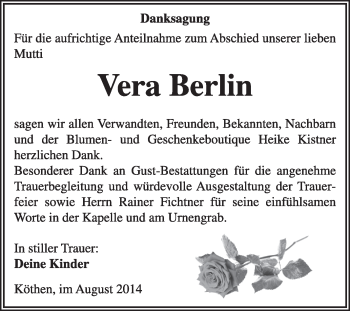 Traueranzeige von Vera Berlin von Super Sonntag Dessau / Köthen