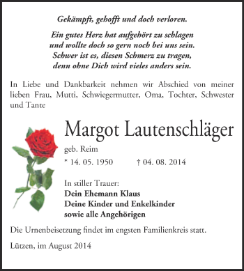 Traueranzeige von Margot Lautenschläger von Super Sonntag Merseburg